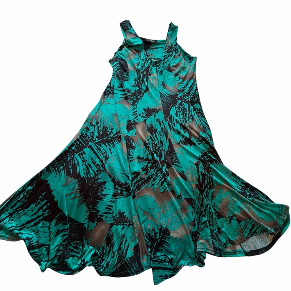 Papa Vancouver Vibrant Teal and Black Sleeveless Tropical Print Dress-Size Small - Picture 7 of 11
